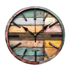 Wooden Colorful Vintage Clock Isolated on White and Png Transparent Background