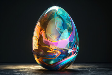 Easter egg design with a glass texture and retro wave elements on dark background Сlassic holiday symbolism and modern aesthetics 3D minimalist - obrazy, fototapety, plakaty