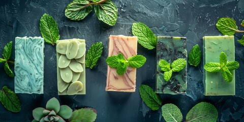 different types of vegan soaps with herbs.