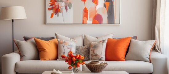 A chic living room filled with furniture, featuring a comfy grey couch adorned with orange, red, and beige pillows. A painting hangs on the wall, adding to the rooms aesthetic appeal.