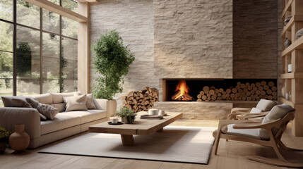 A spacious living room with a stone fireplace, light wood furniture, and a variety of plants to create a biophilic feel