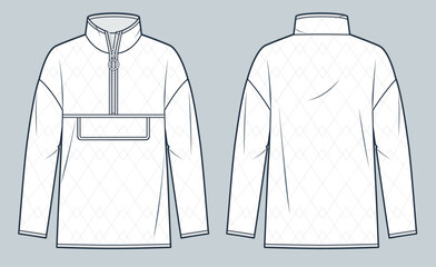 Down Jacket technical fashion Illustration. Unisex Lightweight Anorak fashion flat technical drawing template, quilted, pocket, half zipper, front and back view, white, women, men, unisex CAD mockup. © Liubov Hladka