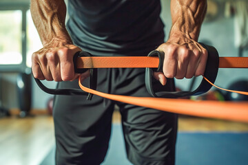 Senior man using resistance stretch bands for strength training in gym. - obrazy, fototapety, plakaty