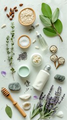 Fototapeta na wymiar A flat lay showcasing an array of natural spa ingredients for a skincare routine
