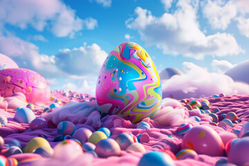 Easter egg design with retro wave elements on futuristic holiday background with candies and sweets