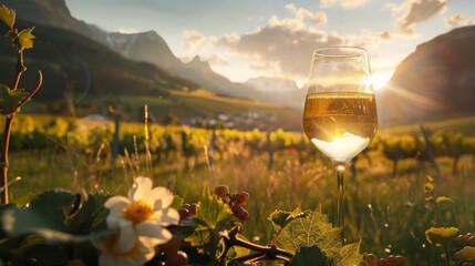 Golden sunset over vineyard with wine glass in foreground.