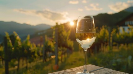 Obraz premium Serene sunset view over a vineyard with a glass of wine, reflecting the vine rows.