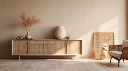 A spacious living room with an oak sideboard, a rattan settee, and a natural wool rug - obrazy, fototapety, plakaty