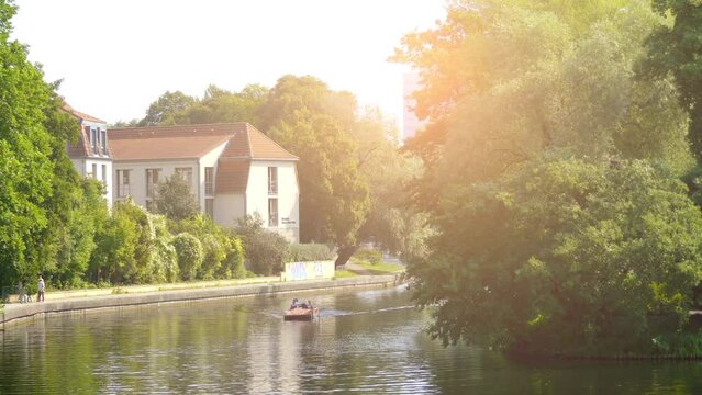 POTSDAM, GERMANY - SEPTEMBER 10 2016: Pedalo on the Havel River in Friendship Island in Potsdam, Germany