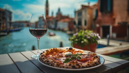 Indulge in Italian dining with pizza and wine on a Venice canal backdrop.