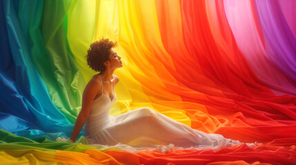 african woman on a rainbow background, beautiful woman dreaming - 750987365