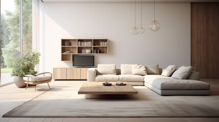Fototapeta na wymiar A spacious living room with a comfortable grey sofa, a black coffee table, and a white minimalist rug