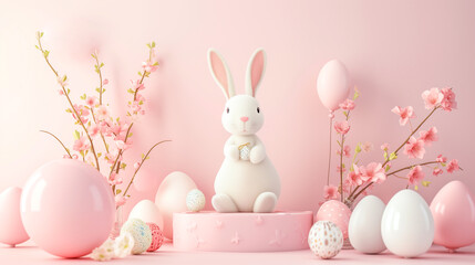 Cute toy Easter bunny holding an Easter egg and Easter decorations on a podium against a pastel pink background