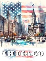 Artistic painting of sights of Chicago (USA)