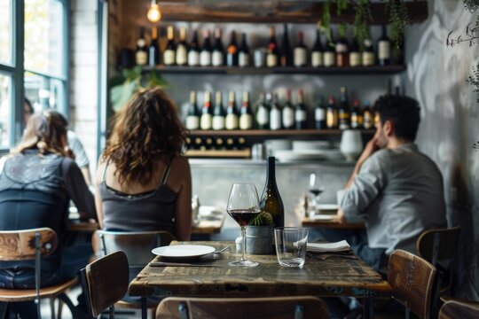 Cozy ambiance of a bustling city bistro with patrons enjoying meals.