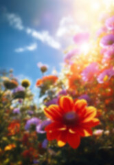 Blurred summer spring background with beautiful flowers and sunlight. - 750987902