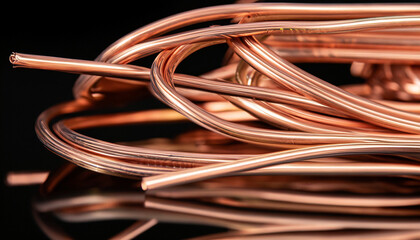 Copper wire non-ferrous metals, product metalworking industry. Abstract metal shapes. selective focus and black reflective background