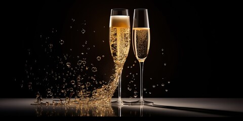 Golden, effervescent champagne in a tall glass with a play of light and shadow showcasing the bubbles - obrazy, fototapety, plakaty