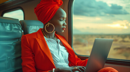 Salarié en télétravail dans les transports en commun : femme d'affaire réfléchissant à sa prochaine négociation dans le train en regardant le paysage, représentant de commerce - obrazy, fototapety, plakaty