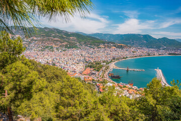 View of Alanya harbor from the Alanya peninsula. Turkish Riviera.