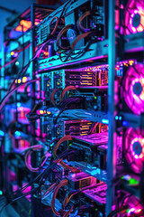 Fototapeta na wymiar Cryptocurrency mining rigs with powerful GPUs. Colorful illuminated video cards.