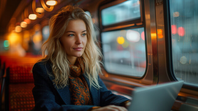 Salari&eacute; en t&eacute;l&eacute;travail dans les transports en commun : cheffe de projet, consultante ou avocate travaillant sur son ordinateur portable dans le train