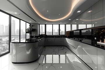 A sleek kitchen with minimalist black and white interior design.