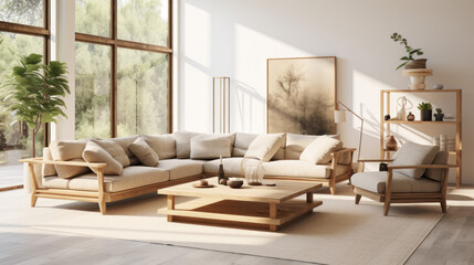 A spacious living room with a sustainable sofa, armchairs and side table created from organic materials