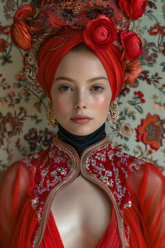 Closeup portrait of a young beautiful caucasian woman dressed in outstanding red dress, with red flowers hat. Haute couture, patterns, high fashion trends.