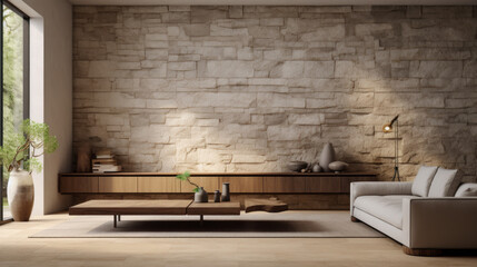 A spacious living room with a stone wall, natural wood furniture, and a few potted plants to create a biophilic feel