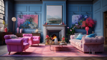 A spacious living room with a vibrant mix of pink, blue, and purple - obrazy, fototapety, plakaty