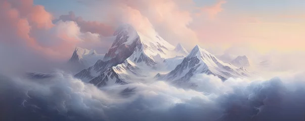 Fotobehang Nature's ethereal canvas, a mountain summit veiled in clouds, offering a panoramic view of the wild and untamed landscape adorned with a blanket of snow © Влада Яковенко