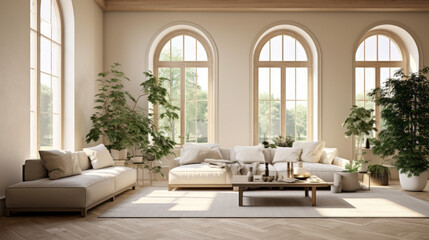 A spacious living room with a large open window, green plants, and light beige walls