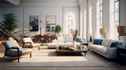 A spacious living room with customizable furniture pieces that can be moved to fit any need