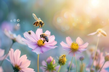 Obraz premium Bees pollinating flowers with the Earth softly blurred in the background, an image perfect for pollination awareness or environmental education.