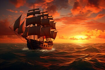 Ship sails ocean sunset. Nature sun sky travel nature. Generate Ai