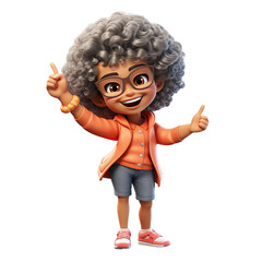 Cute afro senior woman pointing to, 3D render style, isolated on white background cutout.