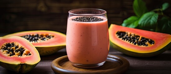 A glass filled with a nourishing pink papaya smoothie is placed next to slices of fresh papaya on a table. The vibrant colors and textures of the fruits create an appealing and healthy composition.