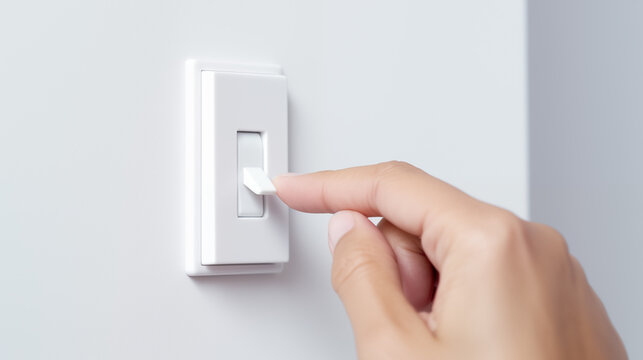 Saving energy. Turning off the light. Woman's hand turning off the light from a switch on the wall of a house. Concept of electricity saving and sustainability.