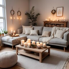 Modern boho interior of living room in cozy apartment. Simple cozy living room interior with light gray sofa, decorative pillows, wooden table with candles and natural decorations