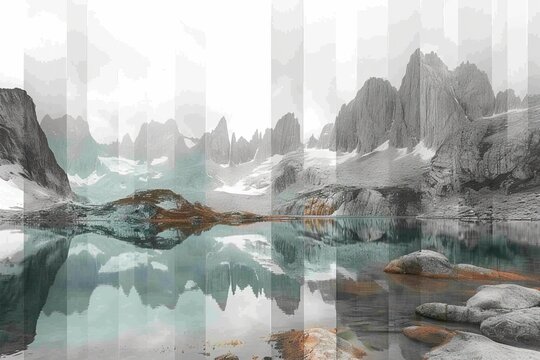 vertical segmented images of abstract landscapes and environments of mountains, snow, lakes and Grass and dirt