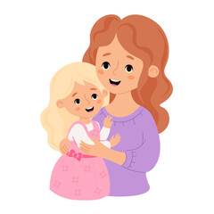 Cute woman with with my blonde daughter. Vector illustration flat cartoon style. Happy holiday female character for birthday, Women's Day, Mother's Day design