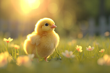 Yellow newborn chick on spring field or garden. Cute chicken on summer meadow with green grass and flowers. Easter concept. Funny bird character for banner, card, flyer or poster