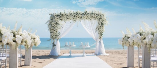 A white wedding setup on a sandy beach featuring an elegant arch adorned with white flowers, glasses, and beautiful decor under a clear blue sky overlooking the sea.