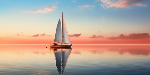 A traditional sailboat gently rests on the glass-like surface of a calm lake during a muted sunset