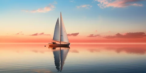 Poster A traditional sailboat gently rests on the glass-like surface of a calm lake during a muted sunset © Влада Яковенко