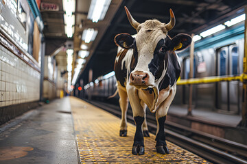 Vache sur un quai de métro - obrazy, fototapety, plakaty