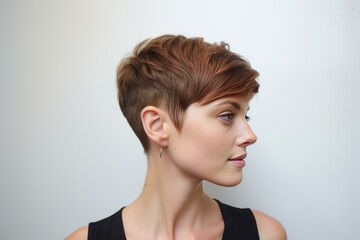 Woman short crew haircut street portrait. Comb beauty lifestyle cut. Generate AI