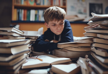 Tired upset schoolboy with pile of school books and notebooks - obrazy, fototapety, plakaty