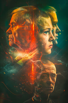 Affiche de film avec diff&eacute;rentes personnes, histoire et aventure